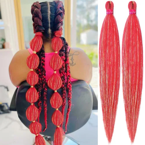 Miniatura 57 de Cabello trenzado verde con lentejuelas de 26 pulgadas, preestirado, trenzas de textura Yaki, extensiones de cabello pre plumadas, 3 paquetes, fácil