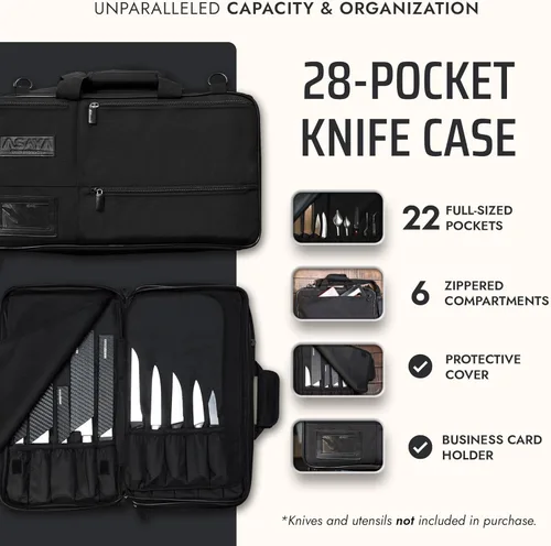 Miniatura 2 de Asaya Bolsa para Cuchillos de Chef - 28 Bolsillos para Cuchillos y Utensilios de Cocina - Nylon Balístico Duradero, Herrajes de Acero Inoxidable