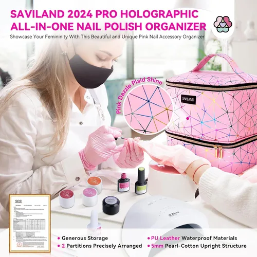 Miniatura 2 de SAVILAND Bolsa Organizadora de Esmalte de Uñas: Organizador de Almacenamiento de Esmalte de Uñas de Cuero PU que Contiene 30 Botellas y Lámpara