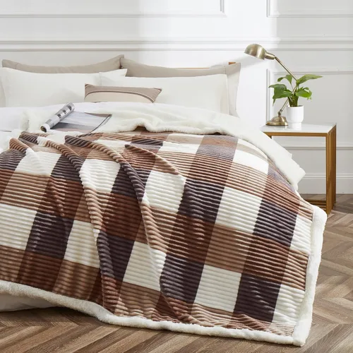 Miniatura 2 de PU MEI Manta Sherpa tamaño matrimonial/Queen, manta gruesa a cuadros, 90 x 80 pulgadas, franela súper suave, forro polar, reversible, de terciopelo
