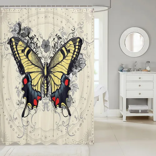 Miniatura 2 de Butterfly Shower Curtain Bohemian Bathroom Shower Curtain Set for Kids Adult Sun Moon Bath Curtain Yellow Butterfly Waterproof Curtains Room Decor