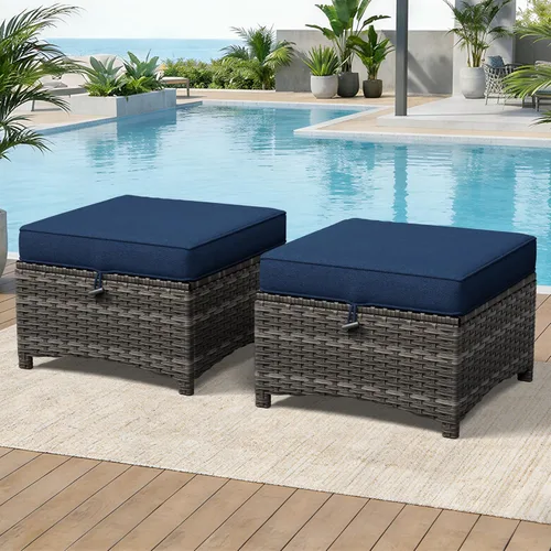 Miniatura 7 de Juego de 2 otomanas para patio, 22 x 22 x 18 pulgadas, reposapiés de mimbre para exteriores con cojín, azul, para jardín, patio trasero, cubierta
