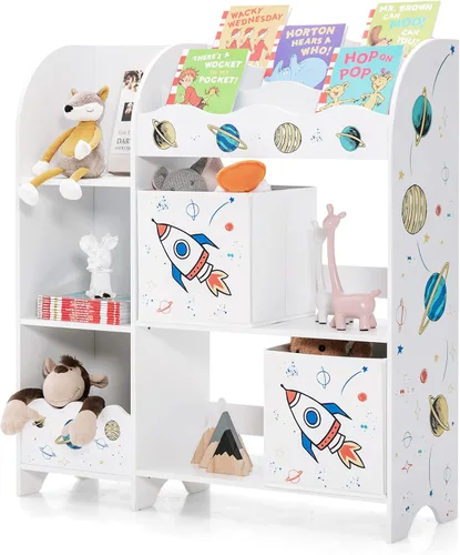 Miniatura 11 de HONEY JOY Organizador de almacenamiento de juguetes para niños, unidad de almacenamiento de madera con 2 cajas, estantería de exhibición para niños