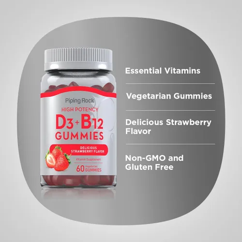 Miniatura 4 de Piping Rock Gomitas de vitamina D3 y B12 60 unidades Suplemento para mujeres y hombres Alta potencia Sabor a fresa Vegetariano, sin OMG