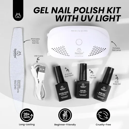 Miniatura 2 de Kit de esmalte de uñas en gel negro de Beetles con luz UV, juego de 5 esmaltes de uñas en gel con base y capa superior y lima de uñas