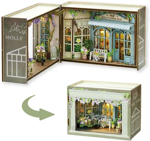 Miniatura 8 de TuKIIE Kit de casa de muñecas en miniatura con muebles, a escala 1:32 abierta y cerrada, mini cubo de madera para muñecas, rincón de libros
