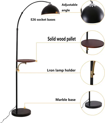 Miniatura 5 de Lámpara de pie industrial con mesa de madera, moderna lámpara de pie de arco negro para sala de estar, lámpara de poste de pie con base de mármol