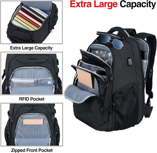 Miniatura 3 de KROSER Mochila de viaje para laptop de 18.4 pulgadas XXXL mochila para juegos con carcasa rígida Saferoom bolsillos RFID repelente al agua, mochila