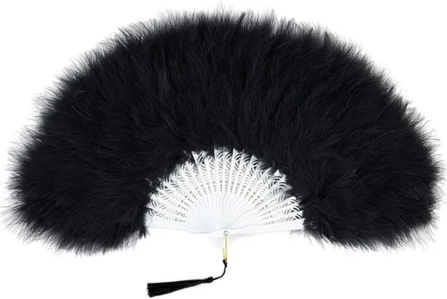 BABEYOND Abanico de plumas de marabú estilo vintage de los años 20, abanico plegable de mano, para disfraz, baile, espectáculo, fiesta de té, Negro