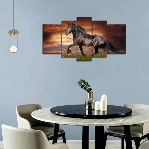 Miniatura 6 de Arte de pared de 5 paneles negro Friesian Running Horse Trot en el campo al atardecer, hierba y flores, cuadros impresos en lienzo, animales