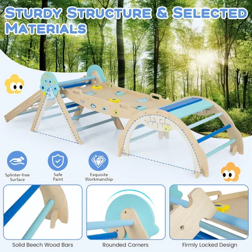 Miniatura 6 de HONEY JOY Pikler - Juego de triángulos plegables 9 en 1 con arco, rampa, cuerda de escalada y escalera, parque infantil interior para bebés, Azul