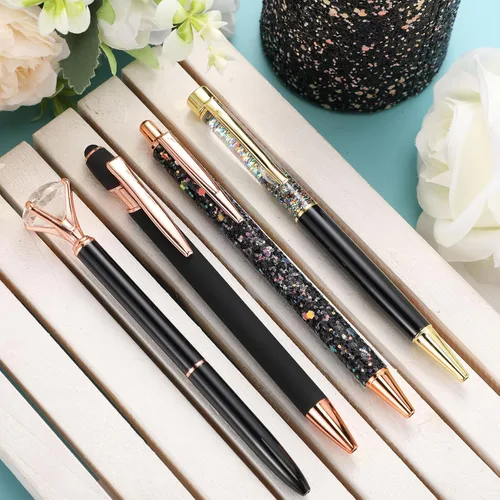 Miniatura 7 de Sabary 8 bolígrafos negros con soporte para bolígrafo para escritorio, con purpurina, diamantes de cristal, bonito soporte para lápices, organizador
