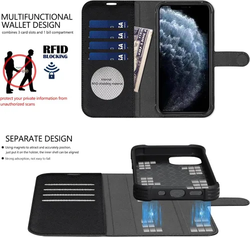 Miniatura 4 de Funda de cuero compatible con iPhone 16 Pro Max Cartera 6.9", cuero genuino 2 en 1, magnética, desmontable, a prueba de golpes, funda tipo folio