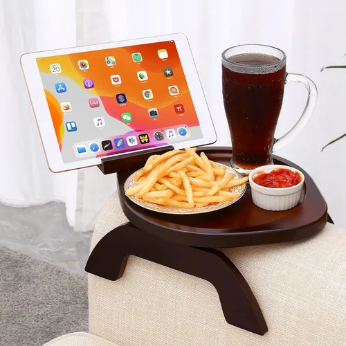 Miniatura 9 de SINWANT Mesa de brazo para sofá, bandeja redonda de bambú con clip para sofá con soporte para teléfono de 360°, mesa plegable para reposabrazos