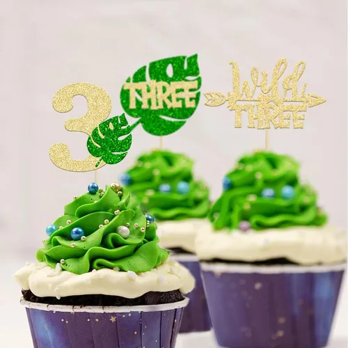 Miniatura 5 de Paquete de 24 adornos para cupcakes de hojas de Monstera con purpurina de safari en la selva, tres púas para cupcakes número 3, decoración de Green-3