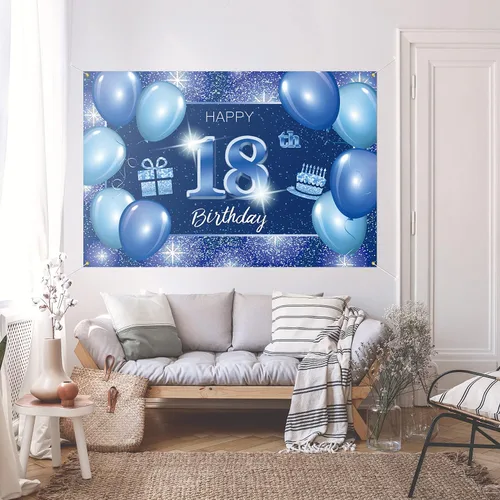 Miniatura 3 de Cartel de fondo de feliz cumpleaños 18 años, decoración azul – Dot Glitter Sparkle 18 años de edad, decoración temática de fiesta de cumpleaños