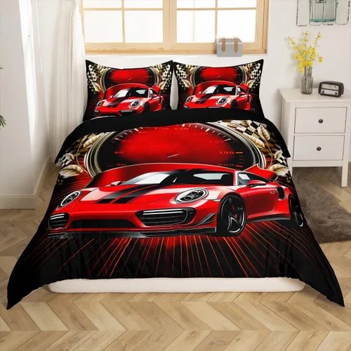 Miniatura 16 de Erosebridal Juego de funda de edredón de auto de carreras roja para niños y adolescentes, juego de edredón de carreras tamaño individual, edredón