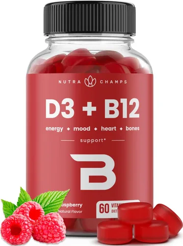 NutraChamps Vitamina D3 y B12, Gomitas de Metil B12 para Adultos y Niños, Enriquecidas con Vitamina D 3 y Folato de Vitamina B9, Energía Natural,