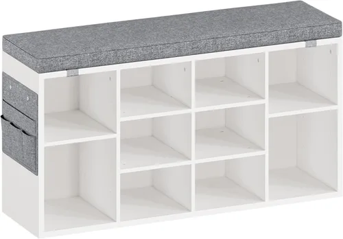 Miniatura 12 de GAOMON Banco de almacenamiento de zapatos de entrada con 10 cubículos, zapatero con cojín, estante ajustable de 3 niveles para entrada, sala