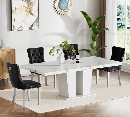 Miniatura 29 de Henf Juego de mesa de comedor extensible de 7 piezas para 6, 160 cm-200 cm Mesa de cocina extensible de grano de mármol blanco con 6 sillas Blanco