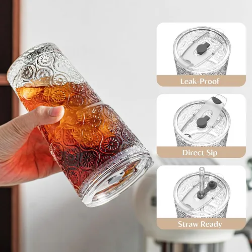 Miniatura 4 de INSETLAN Juego de 2 vasos de vidrio con diseño de flor de begonia de 20 onzas, vasos de vidrio grueso con tapas y pajitas de vidrio para café