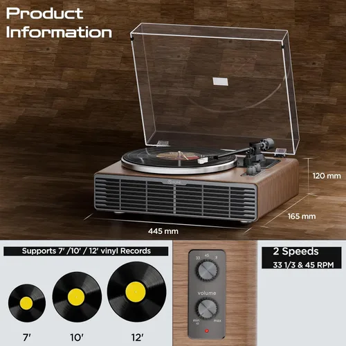 Miniatura 2 de XJ-HOME Reproductor de discos de vinilo Bluetooth con altavoces estéreo integrados, tocadiscos de alta fidelidad para discos de vinilo con cartucho