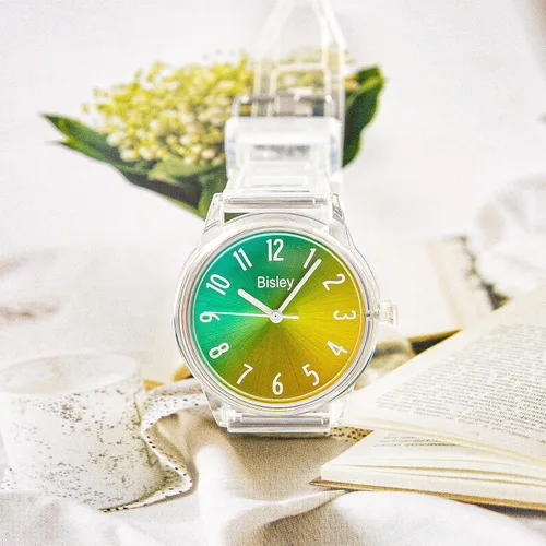 Miniatura 8 de Reloj transparente para mujer, colorido esfera de arco iris, reloj analógico, simple e impermeable para niñas