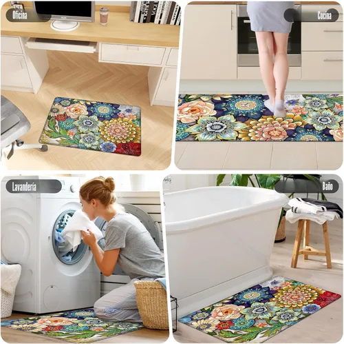 Miniatura 8 de Alfombras de Cocina Florales para Suelo de 2 Piezas con Flores Alfombras de Cocina Anti Fatiga Antideslizantes Acolchadas Cómodas para Estar de Pie