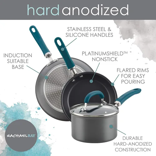 Miniatura 5 de Rachael Ray Create Delicious - Juego de ollas y sartenes antiadherentes anodizadas duras, 11 piezas, color gris con asas verde azulado