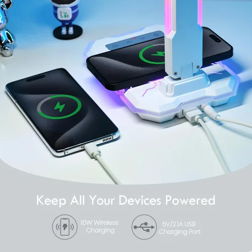 Miniatura 5 de WILIT Lámpara de escritorio para dormitorio universitario, luz de escritorio RGB para juegos con carga inalámbrica y puerto USB, lámpara de jugador
