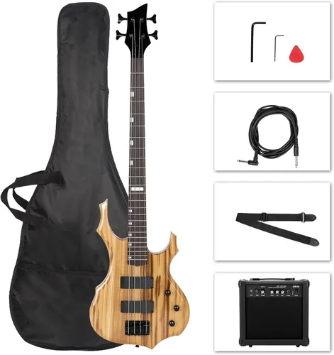 Miniatura 13 de Ktaxon Juego de bajo eléctrico de tamaño completo con diseño de llama con amplificador de 20 W, bolsa de bajo portátil, cable de amplificador Negro