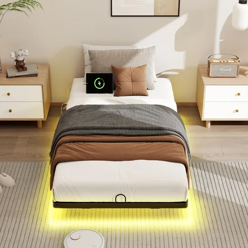 Miniatura 8 de Twin XL Size Floating Metal Bed Frame with Smart LED Lights & Charging Station, Metal Platform Bed Base No Box Spring Needed, Easy Assembly, Noise
