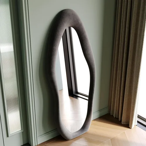 Miniatura 7 de Honyee - Espejo de cuerpo completo de 63 x 24 pulgadas, espejo de pared, marco de madera envuelto en franela, espejo de cuerpo completo ondulado Gris