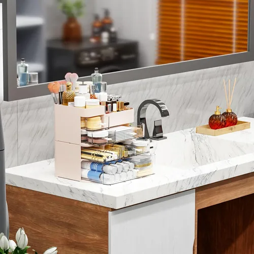 Miniatura 5 de SuoXing Organizador de maquillaje para tocador, organizador de maquillaje grande con 6 cajones para mostrador, organizador de almacenamiento de Rosa