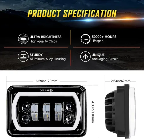 Miniatura 6 de Faros delanteros LED de 4x6 pulgadas homologados por DOT H4651 H4652 H4656 Reemplazo Compatible con Peterbilt 379, Kenworth, Freightinger, Probe