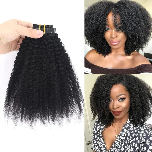 Extensiones de cabello humano rizado afro sin costuras, de poliuretano, brasileño, virgen, afroamericano, 4B 4C, ultrafino, para mujeres negras (12