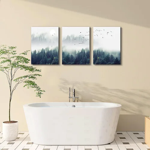 Miniatura 7 de Lienzo decorativo de 3 piezas para decoración de pared de sala de estar, dormitorio, oficina, decoración de pared, árboles de bosque brumoso, El