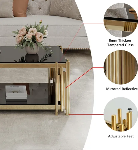 Miniatura 6 de Mesa auxiliar rectangular de vidrio de 48 pulgadas, mesa de centro de 2 niveles con parte superior de vidrio templado negro, patas de acero