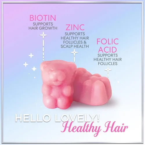 Miniatura 3 de Hello Lovely - Gomitas de vitaminas para el cabello con biotina, 5000 mcg de vitaminas E y C que apoyan el crecimiento del cabello, vegetariano