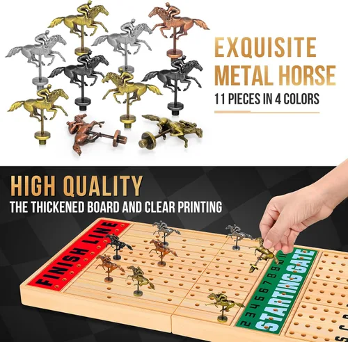 Miniatura 5 de TooyBing Juego de mesa grande de carreras de caballos de 21 pulgadas, juegos de carreras de caballos con cartas y dados y 11 potrillos de metal