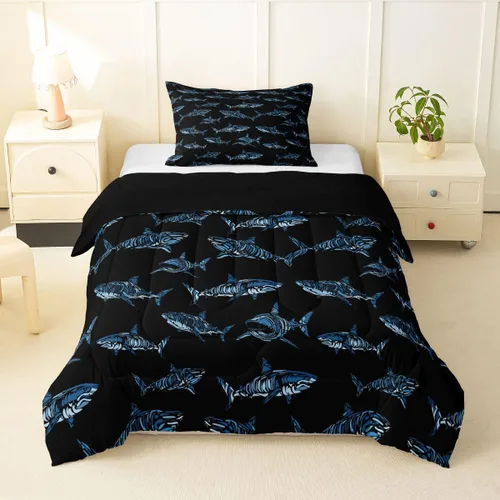 Miniatura 22 de Erosebridal Juego de edredón de tiburón, tamaño individual, juego de ropa de cama de vida oceánica para niños y niñas, color verde azulado