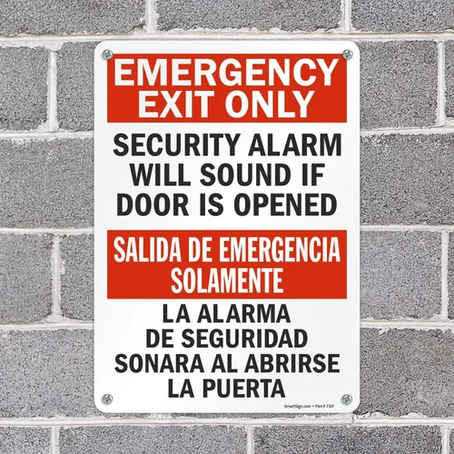 Miniatura 7 de SmartSign Letrero bilingüe "Solo salida de emergencia: la alarma de seguridad sonará si la puerta está abierta", plástico de 10 x 14 pulgadas