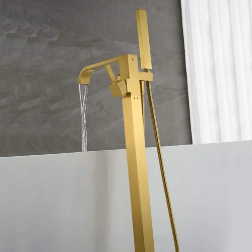 Miniatura 5 de Grifo de bañera independiente Llenador de bañera de oro cepillado Grifos de montaje en piso de latón de una sola manija con ducha de mano 2-Oro