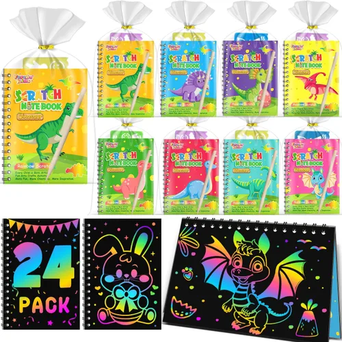 Miniatura 23 de Recuerdos de papel para rascar para fiestas para niños: paquete de 16 cuadernos de rayas arcoíris, bolsas de regalo, libros para colorear, recuerdos