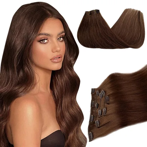 Miniatura 8 de Extensiones de cabello humano con pinzas, 12 pulgadas, extensiones de cabello humano real con pinzas, 2.47 onzas, 5 unidades, color marrón dorado a