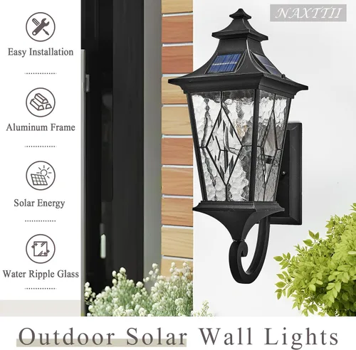 Miniatura 7 de Luz solar para porche frontal exterior con ondulación de agua, hecha a mano, vidrio soldado del atardecer al amanecer, luces solares para Negro