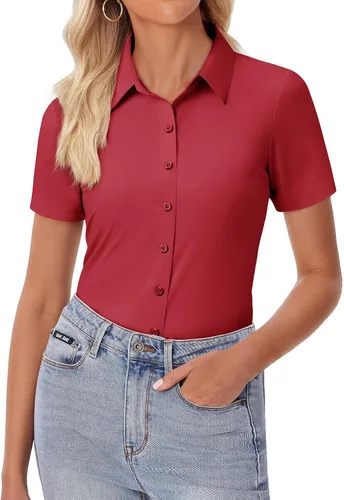 Miniatura 10 de siliteelon Camisa de vestir con botones para mujer, ajustada, elástica, de manga corta, sin arrugas, sólida, formal, para el trabajo