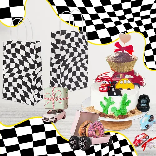 Miniatura 6 de 30 bolsas de papel a cuadros con asa, bolsas de regalo de carreras a cuadros, tamaño 9 pies de alto x 5.5 pies de largo x 3.3 pies de profundidad