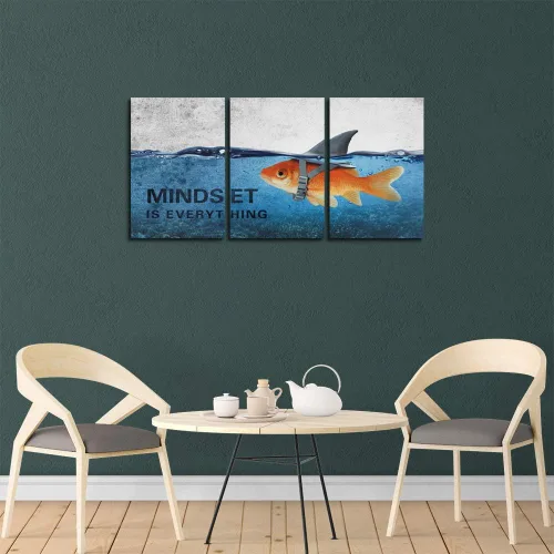 Miniatura 5 de 3 Paneles de Arte de Pared en Lienzo Inspiracional Enmarcado Moderno Pez Dorado Cuerpo Fuerte Corazón de Tiburón La Mentalidad lo es Todo Carteles
