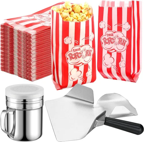 Potchen El juego de 502 piezas de suministros para máquina de palomitas de maíz, incluye 500 bolsas de palomitas de maíz rojas y blancas de 1 onza,